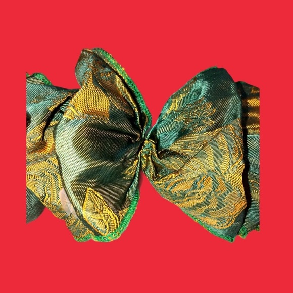 Handmade Big Hair Bow Asian Print Green Gold Metal Clip Barrette Vintage Persian - Picture 3 of 10